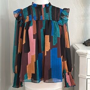 Willa Story Cates‎ Top Stripe Abstract Smocked Long Sleeve Blouse Green Brown M
